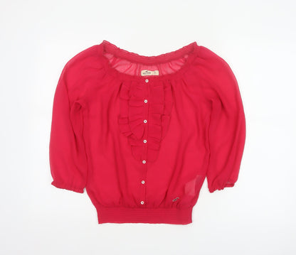 Hollister Women Red S Sheer Ruffle Button 3/4 Sleeve Blouse