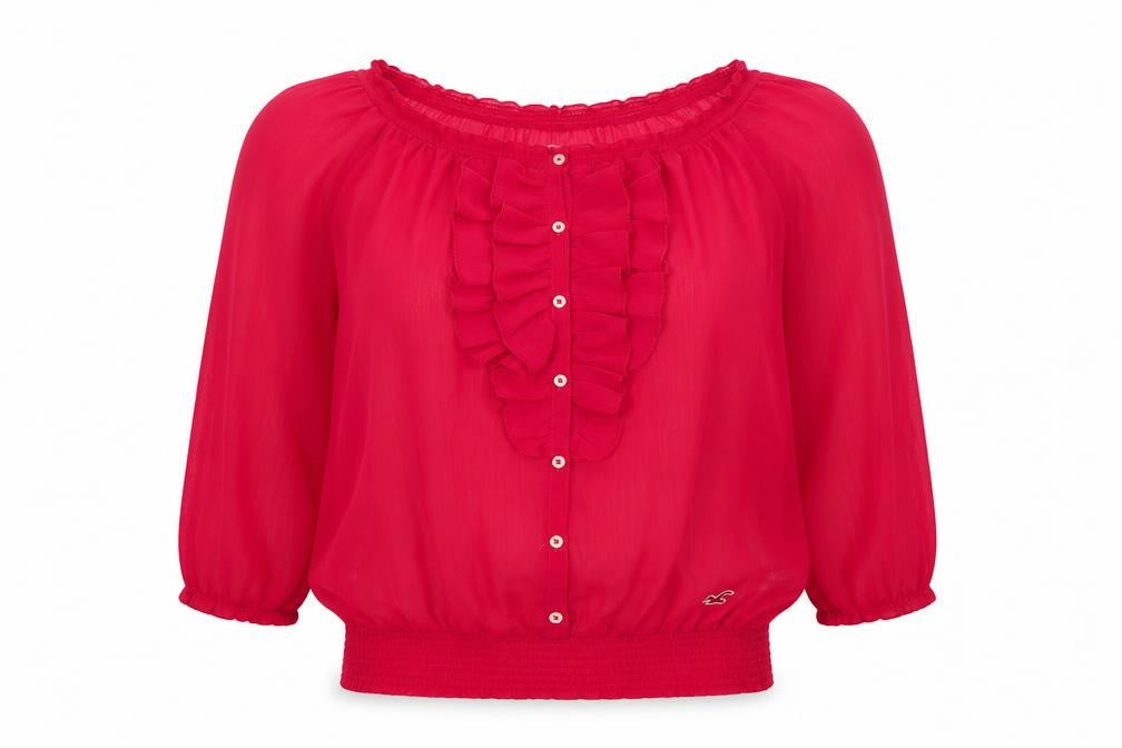 Hollister Women Red S Sheer Ruffle Button 3/4 Sleeve Blouse