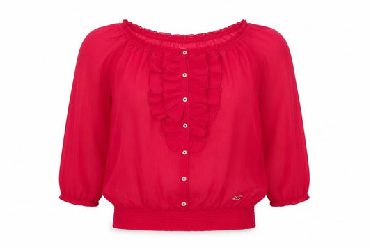 Hollister Women Red S Sheer Ruffle Button 3/4 Sleeve Blouse