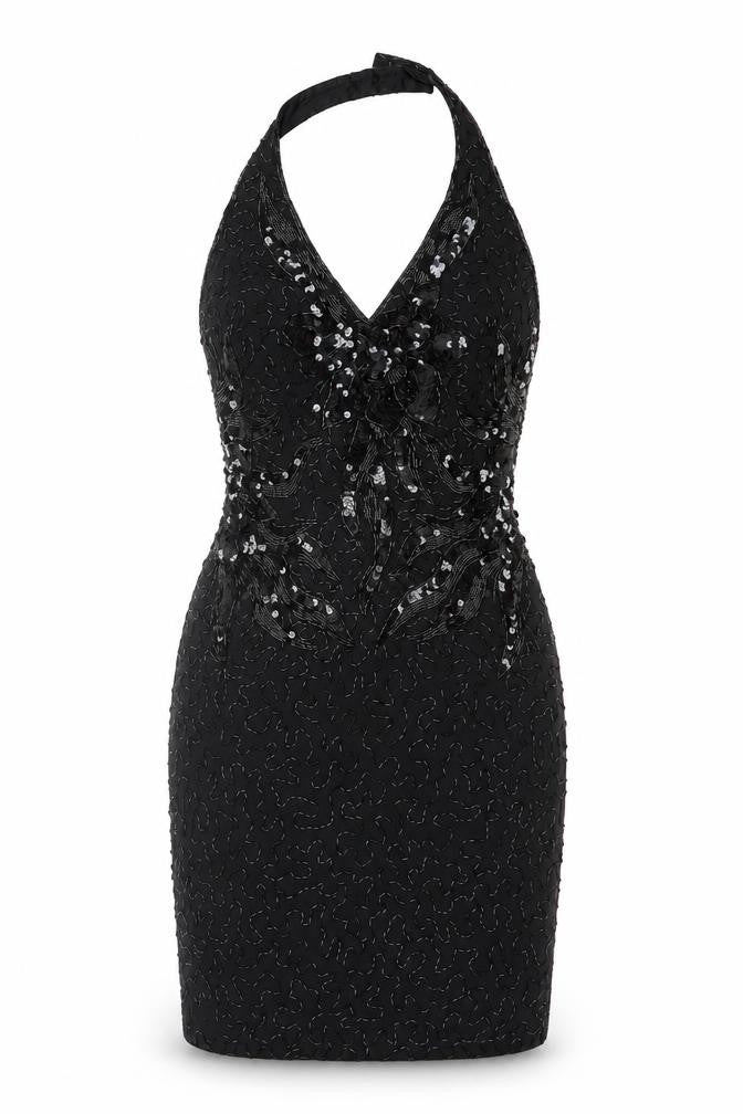 Morgan Taylor Evening Women’s Black Silk Beaded Halter Sheath Dress Size 4