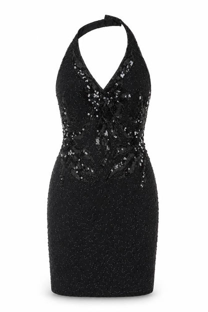 Morgan Taylor Evening Women’s Black Silk Beaded Halter Sheath Dress Size 4
