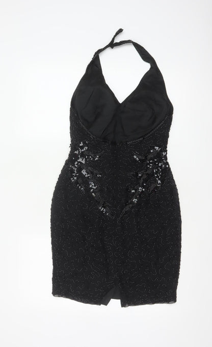 Morgan Taylor Evening Women’s Black Silk Beaded Halter Sheath Dress Size 4