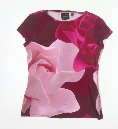 Ted Baker Women’s Pink Floral Jersey T-Shirt UK 12 Short Sleeve