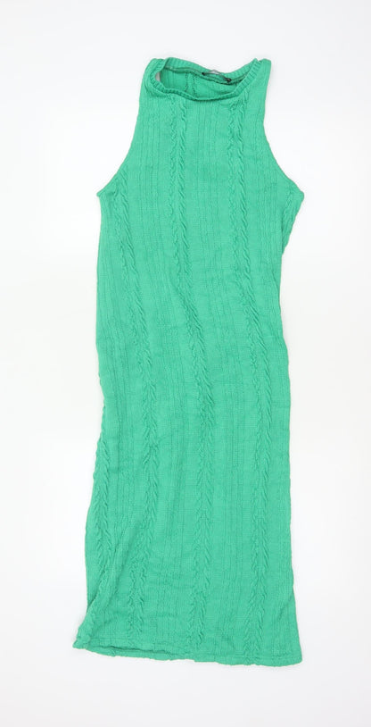 Zara Women Green 10-12 Long Sleeveless Cable Knit Jumper Dress