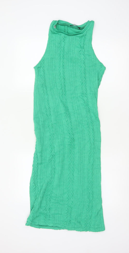 Zara Women Green 10-12 Long Sleeveless Cable Knit Jumper Dress
