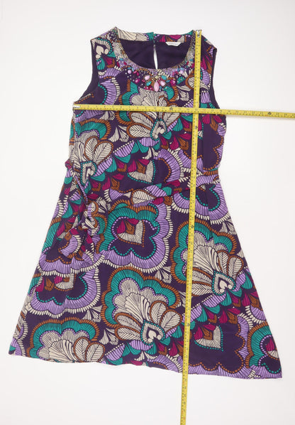 Windsmoor Women Purple Silk Floral Beaded A-Line Dress UK 16