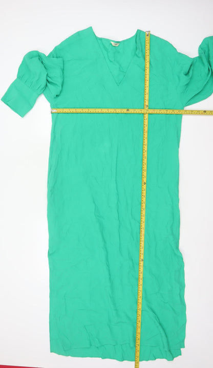 Hush Women Green UK 12 Long Shift Dress V-Neck Balloon Sleeve Viscose