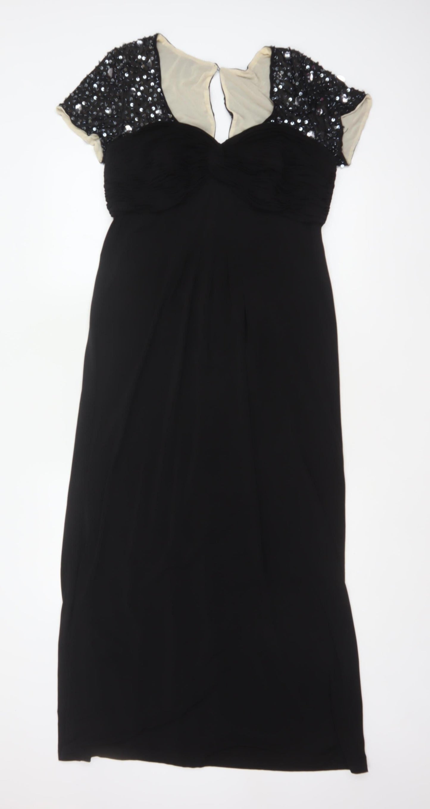 Berkertex Women Black UK 12 Maxi Evening Dress Sequin Cap Sleeve