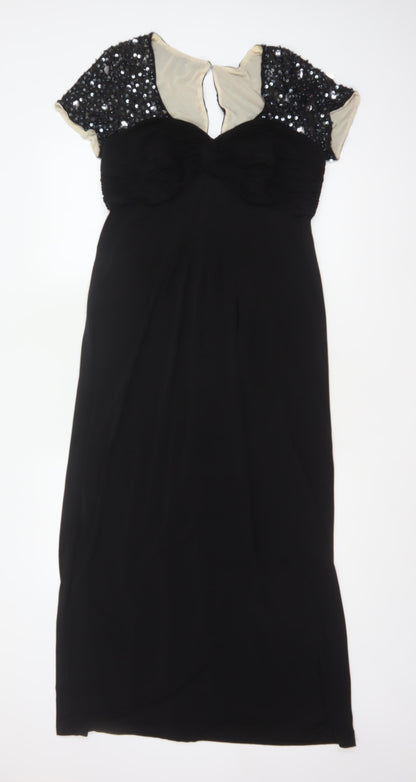Berkertex Women Black UK 12 Maxi Evening Dress Sequin Cap Sleeve
