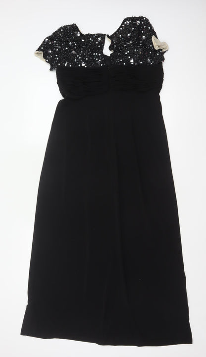 Berkertex Women Black UK 12 Maxi Evening Dress Sequin Cap Sleeve