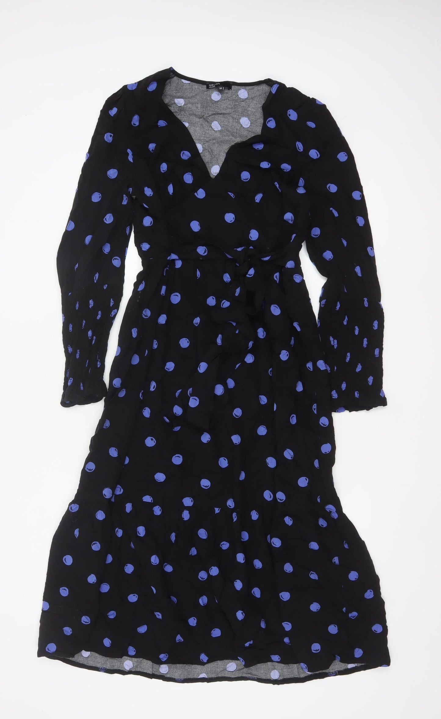 Nobody's Child Women Black Blue Polka Dot Wrap Midi Dress UK 12