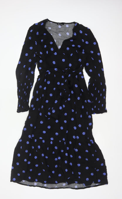 Nobody's Child Women Black Blue Polka Dot Wrap Midi Dress UK 12