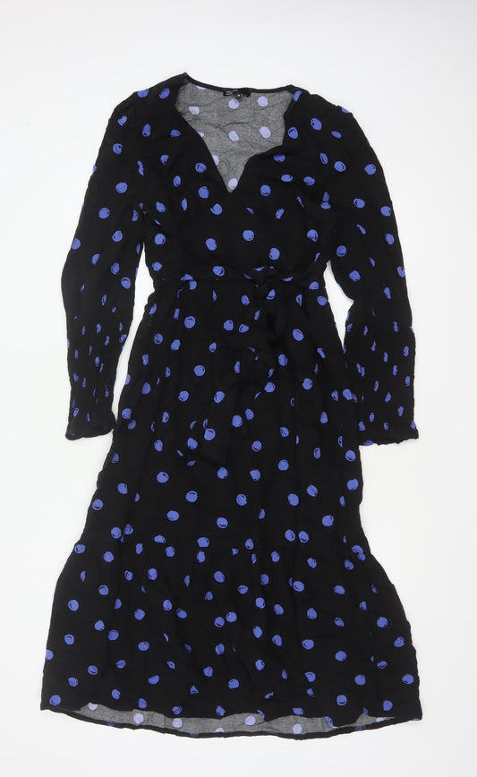 Additional front view of Nobody's Child Women Black Blue Polka Dot Wrap Midi Dress UK 12