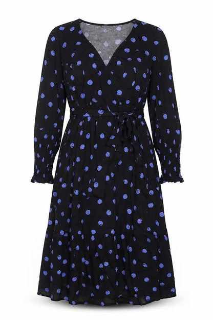 Front view of Nobody's Child Women Black Blue Polka Dot Wrap Midi Dress UK 12