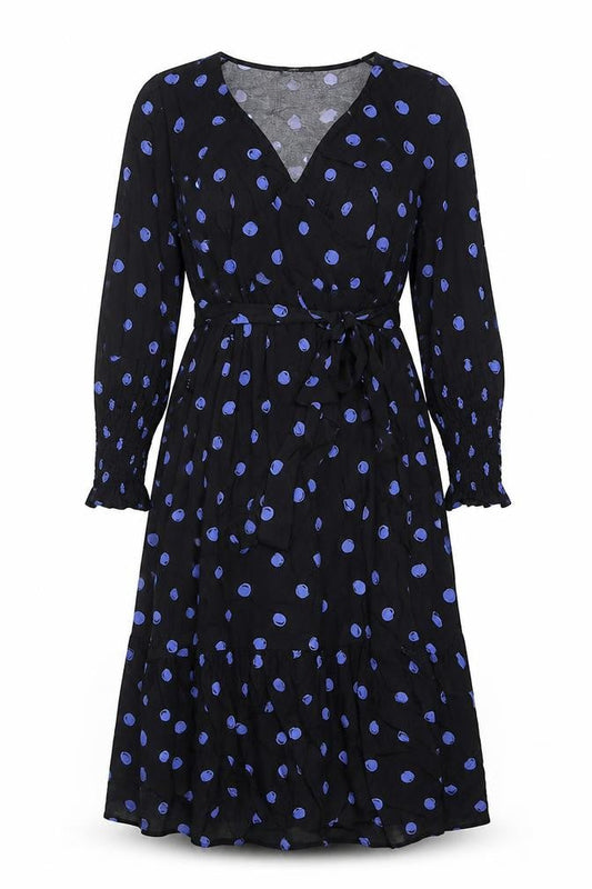 Front view of Nobody's Child Women Black Blue Polka Dot Wrap Midi Dress UK 12