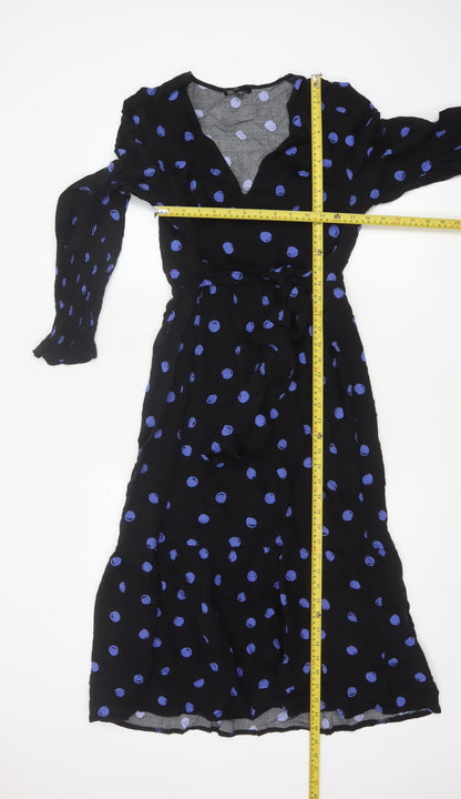 Nobody's Child Women Black Blue Polka Dot Wrap Midi Dress UK 12