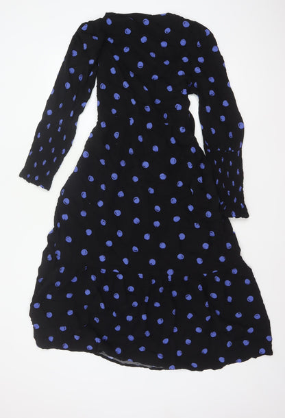 Nobody's Child Women Black Blue Polka Dot Wrap Midi Dress UK 12