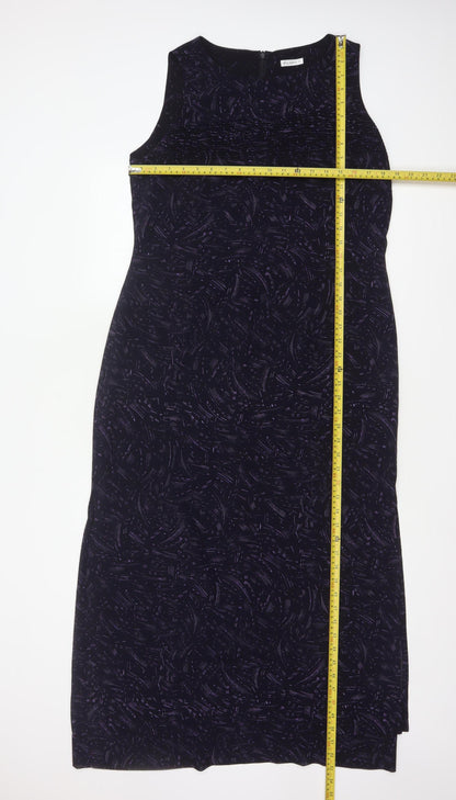 Planet Women Black Purple Print Size 14 Long Sleeveless Sheath Dress