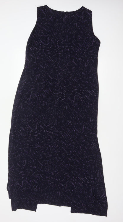 Planet Women Black Purple Print Size 14 Long Sleeveless Sheath Dress