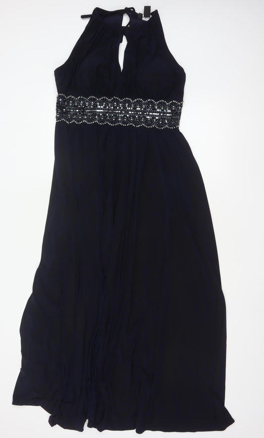 R&M Richards Women Blue UK 12 Maxi Halter Beaded Evening Dress
