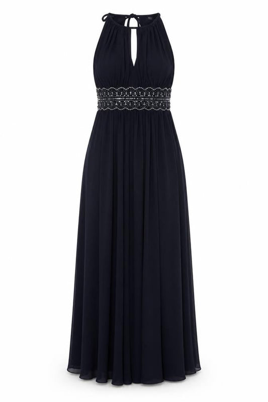 R&M Richards Women Blue UK 12 Maxi Halter Beaded Evening Dress