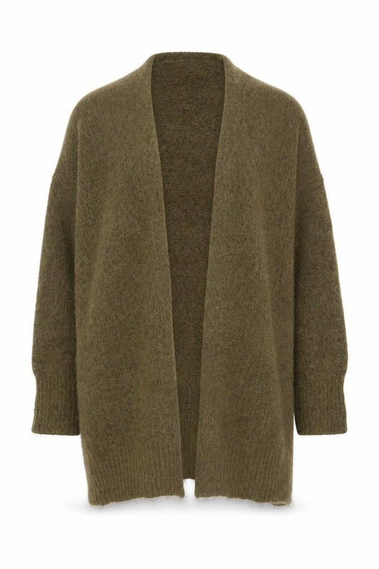 Zara Women Khaki XS-S Long Open Knit Cardigan Wool Blend