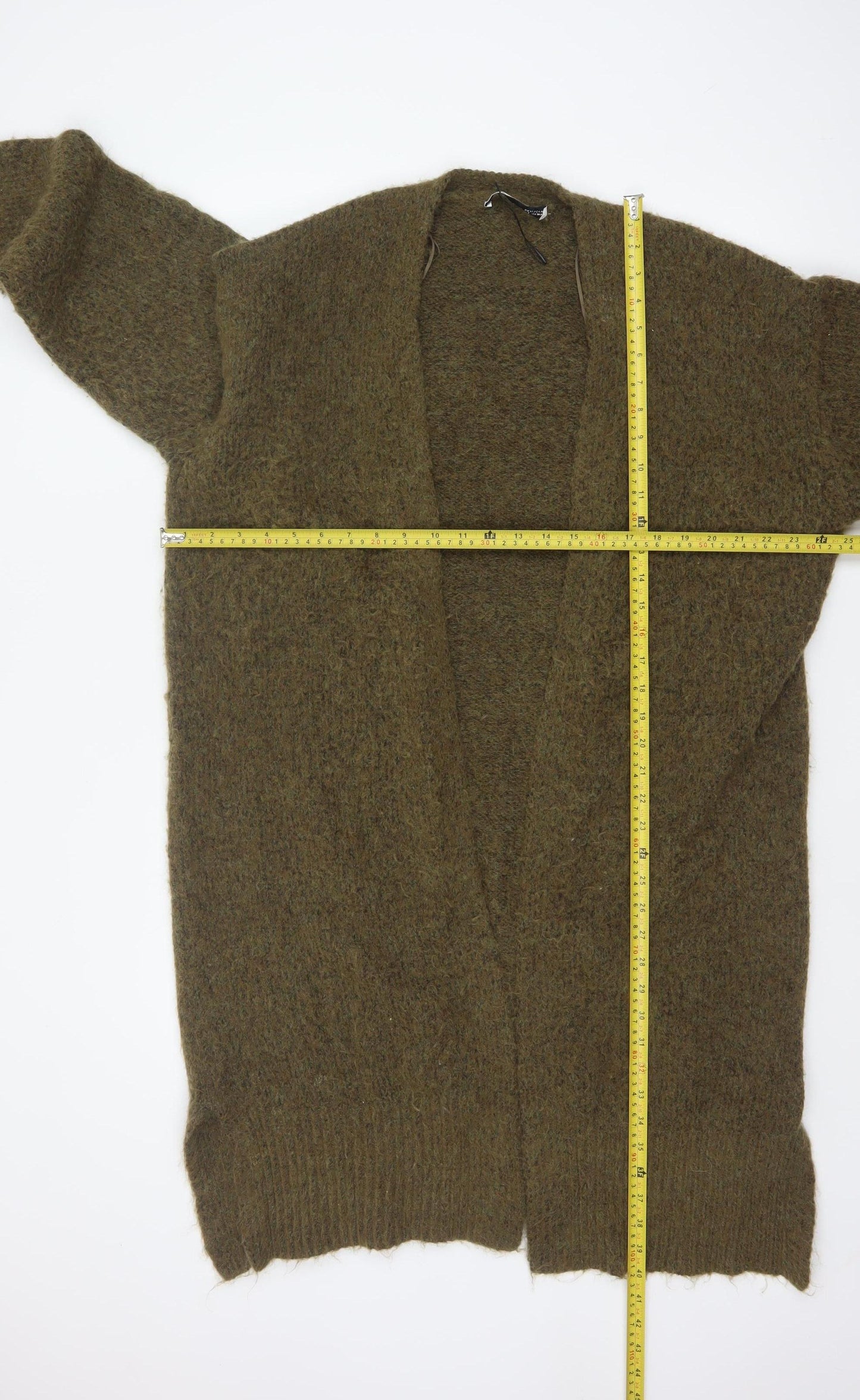 Zara Women Khaki XS-S Long Open Knit Cardigan Wool Blend