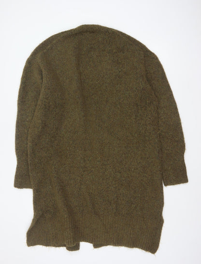 Zara Women Khaki XS-S Long Open Knit Cardigan Wool Blend