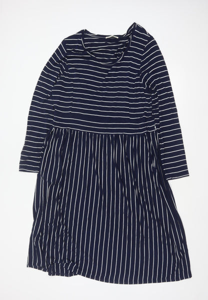 WoolOvers Women Blue L Striped Wrap Knee Length Long Sleeve Dress