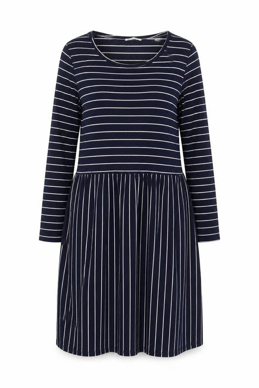 WoolOvers Women Blue L Striped Wrap Knee Length Long Sleeve Dress