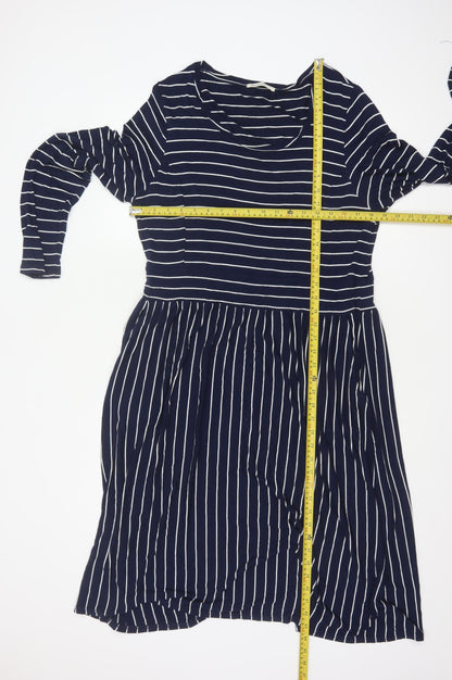 WoolOvers Women Blue L Striped Wrap Knee Length Long Sleeve Dress