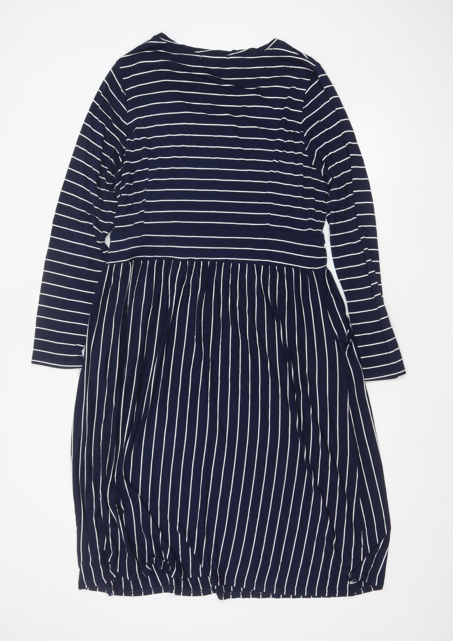 WoolOvers Women Blue L Striped Wrap Knee Length Long Sleeve Dress