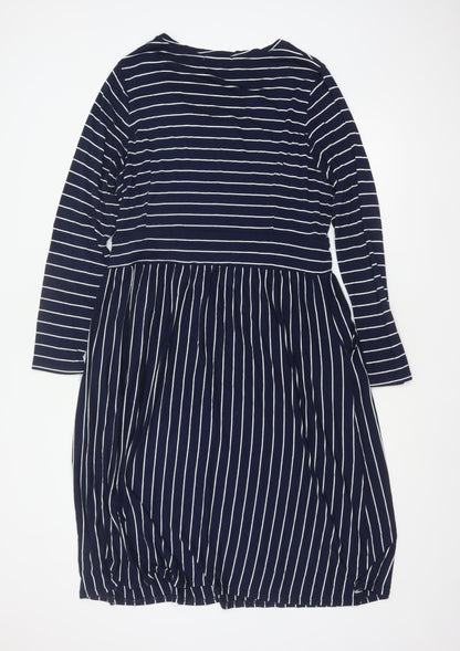 WoolOvers Women Blue L Striped Wrap Knee Length Long Sleeve Dress