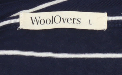 WoolOvers Women Blue L Striped Wrap Knee Length Long Sleeve Dress