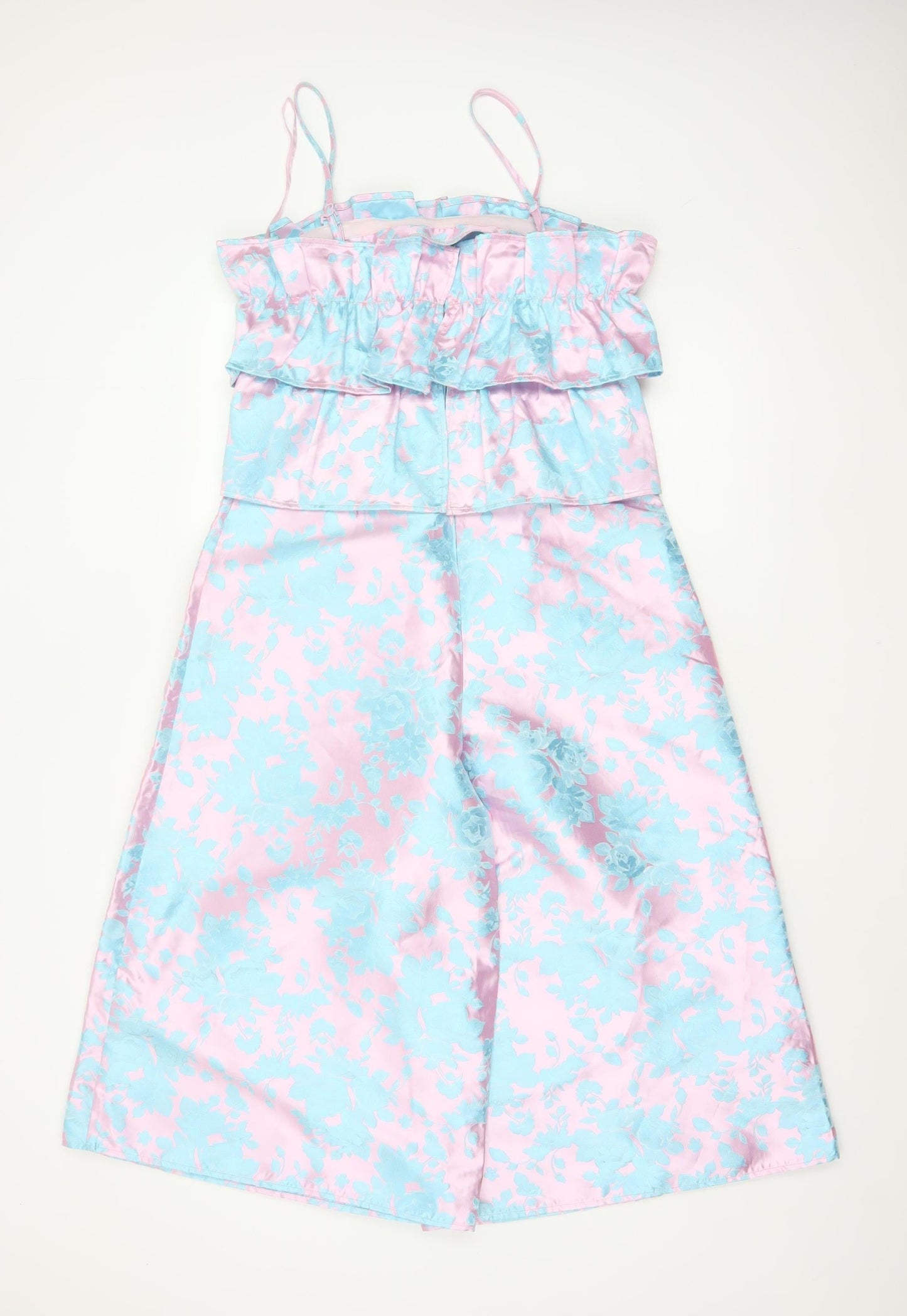 ASOS Women Multicoloured Floral Satin Ruffle Wide-Leg Jumpsuit UK 10