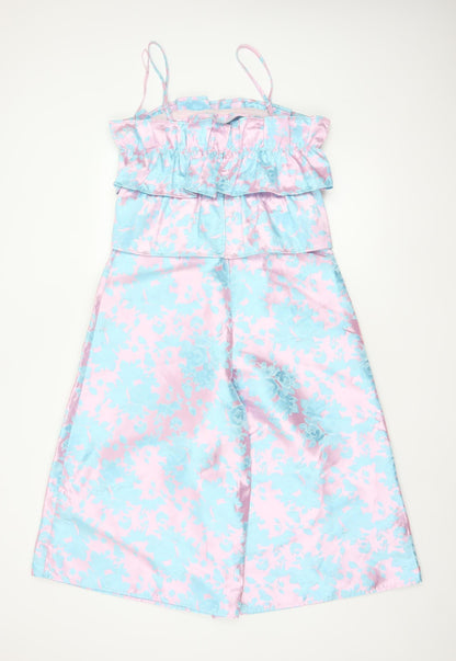 ASOS Women Multicoloured Floral Satin Ruffle Wide-Leg Jumpsuit UK 10