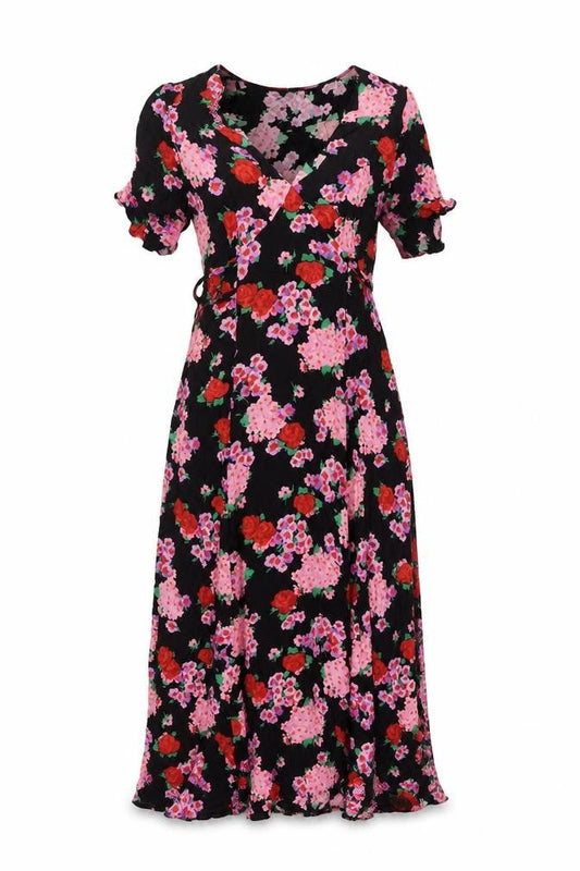 Front view of Nobody's Child Women Black Floral Wrap Maxi Dress UK 8 V-Neck