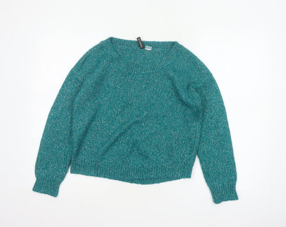 H&M Divided Women’s Teal Metallic Knit Jumper UK 8 Crew Neck