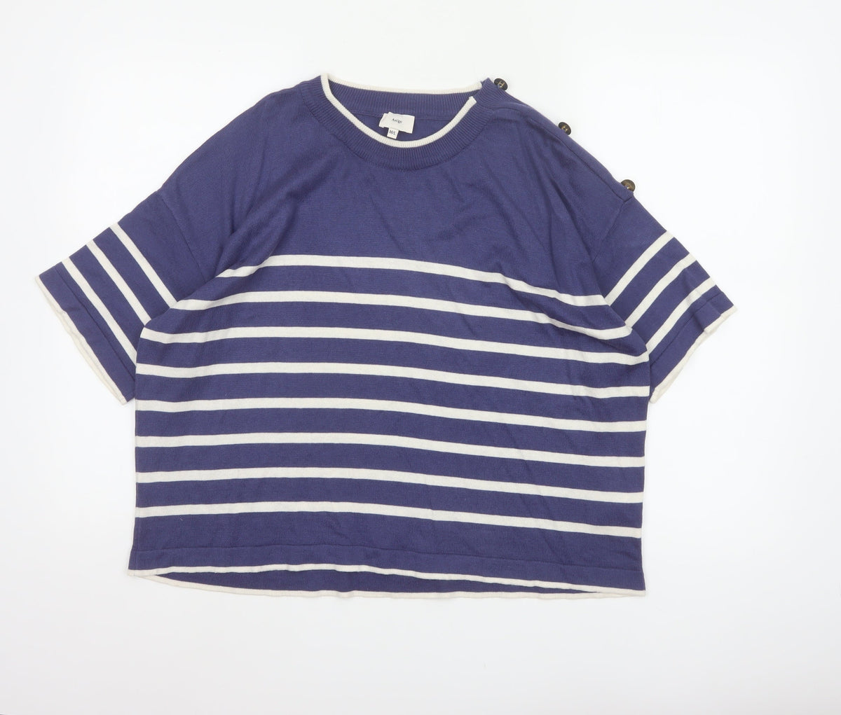 An'ge Women's Blue White Striped Knit M Short Sleeve Button Shoulder Jumper