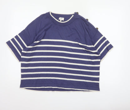 An'ge Women's Blue White Striped Knit M Short Sleeve Button Shoulder Jumper