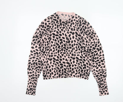 M&S Women Pink Leopard Print Button Cardigan UK 10 Long Sleeve Knit