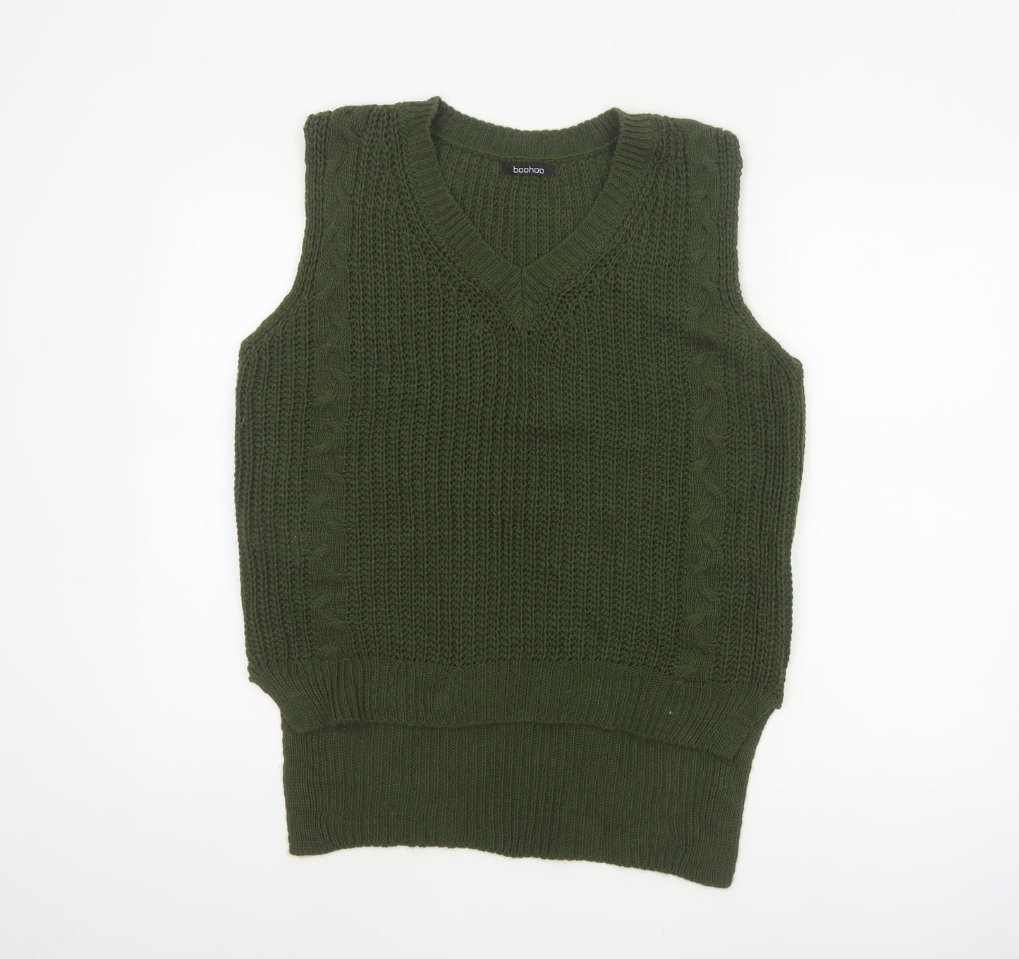 boohoo Women Green Cable Knit V-Neck Sleeveless Jumper Vest UK 10