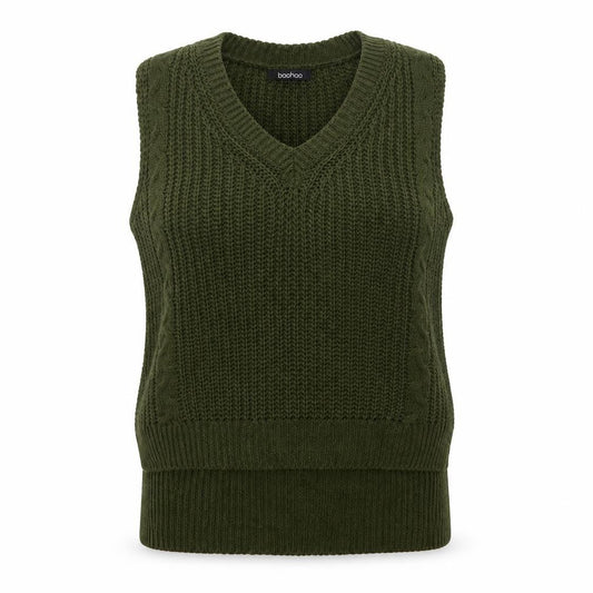 boohoo Women Green Cable Knit V-Neck Sleeveless Jumper Vest UK 10