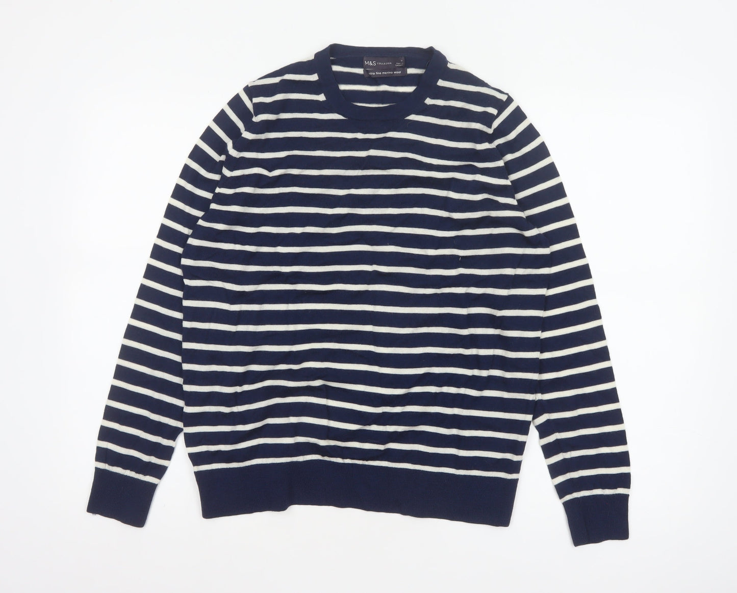 Marks and Spencer Women Blue UK 18 Merino Wool Striped Crew Neck Jumper
