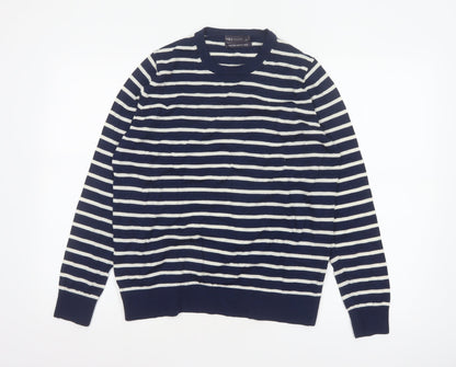 Marks and Spencer Women Blue UK 18 Merino Wool Striped Crew Neck Jumper
