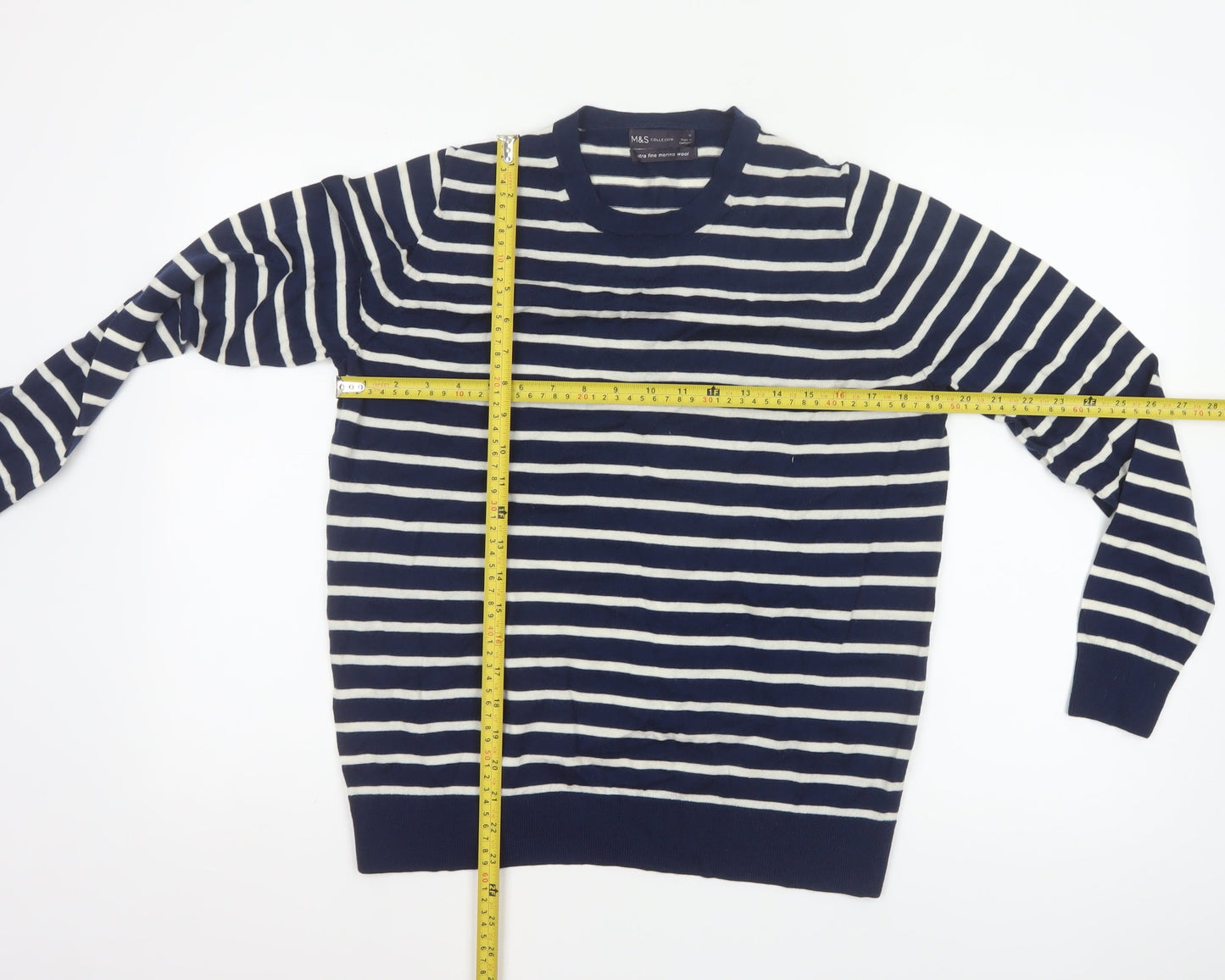 Marks and Spencer Women Blue UK 18 Merino Wool Striped Crew Neck Jumper