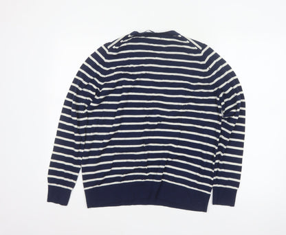 Marks and Spencer Women Blue UK 18 Merino Wool Striped Crew Neck Jumper