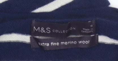 Marks and Spencer Women Blue UK 18 Merino Wool Striped Crew Neck Jumper