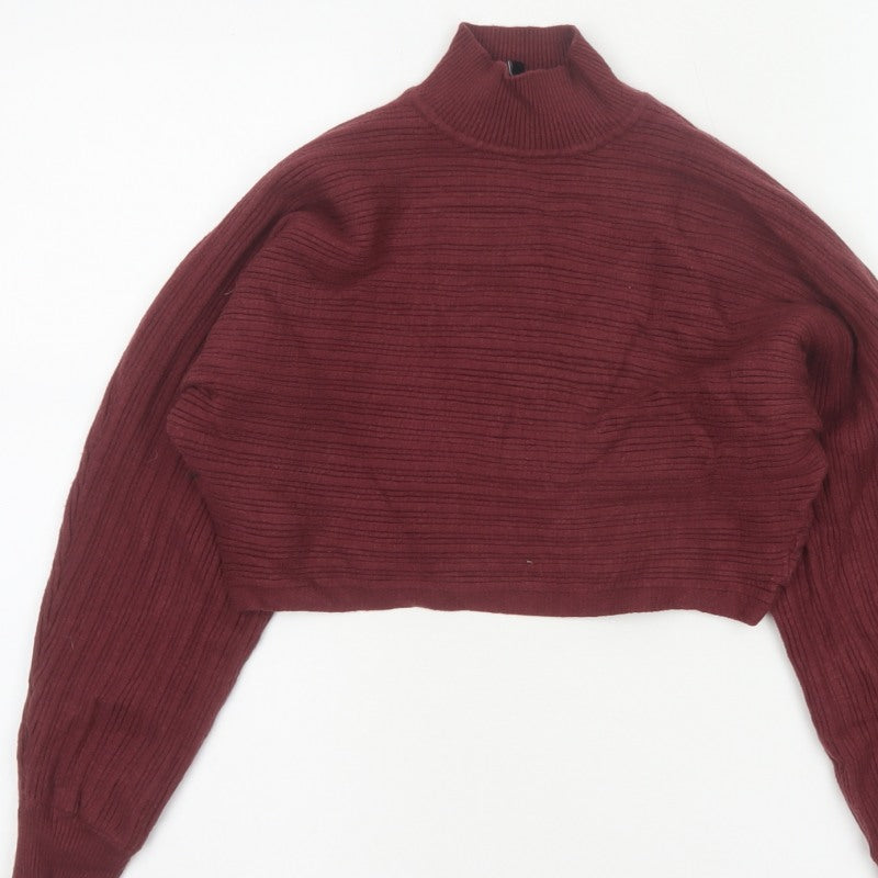 New Look Women Red UK 10 Rib Knit Mock Neck Cropped Jumper