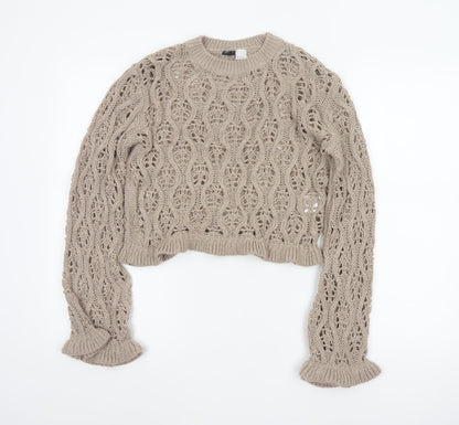 H&M Divided Women Beige S Cable Knit Open-Knit Cropped Pullover Jumper
